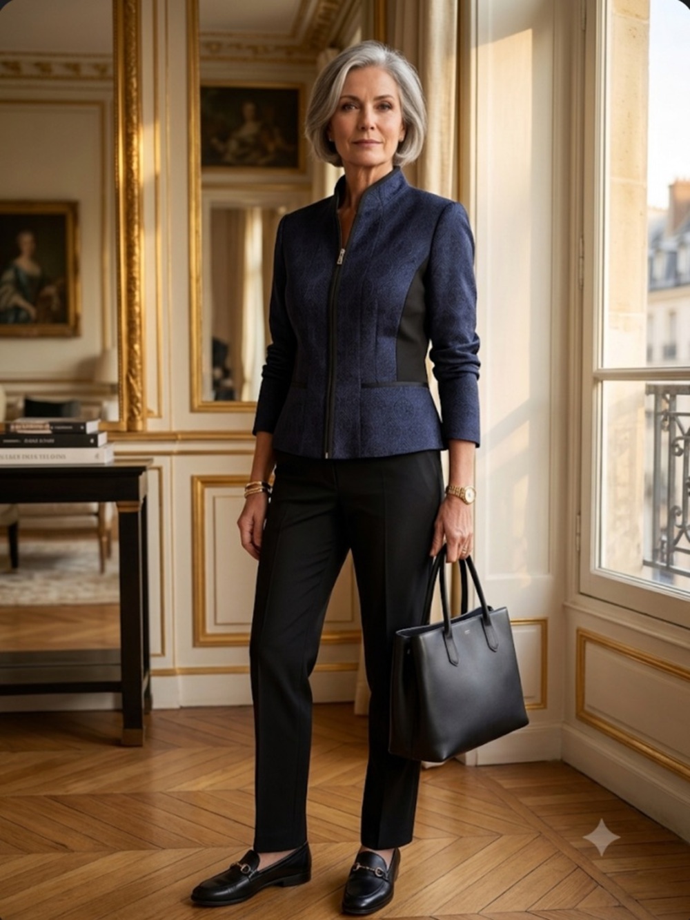 Tahari Navy Black Jacquard Zip Front Peplum Blazer Jacket Size 8